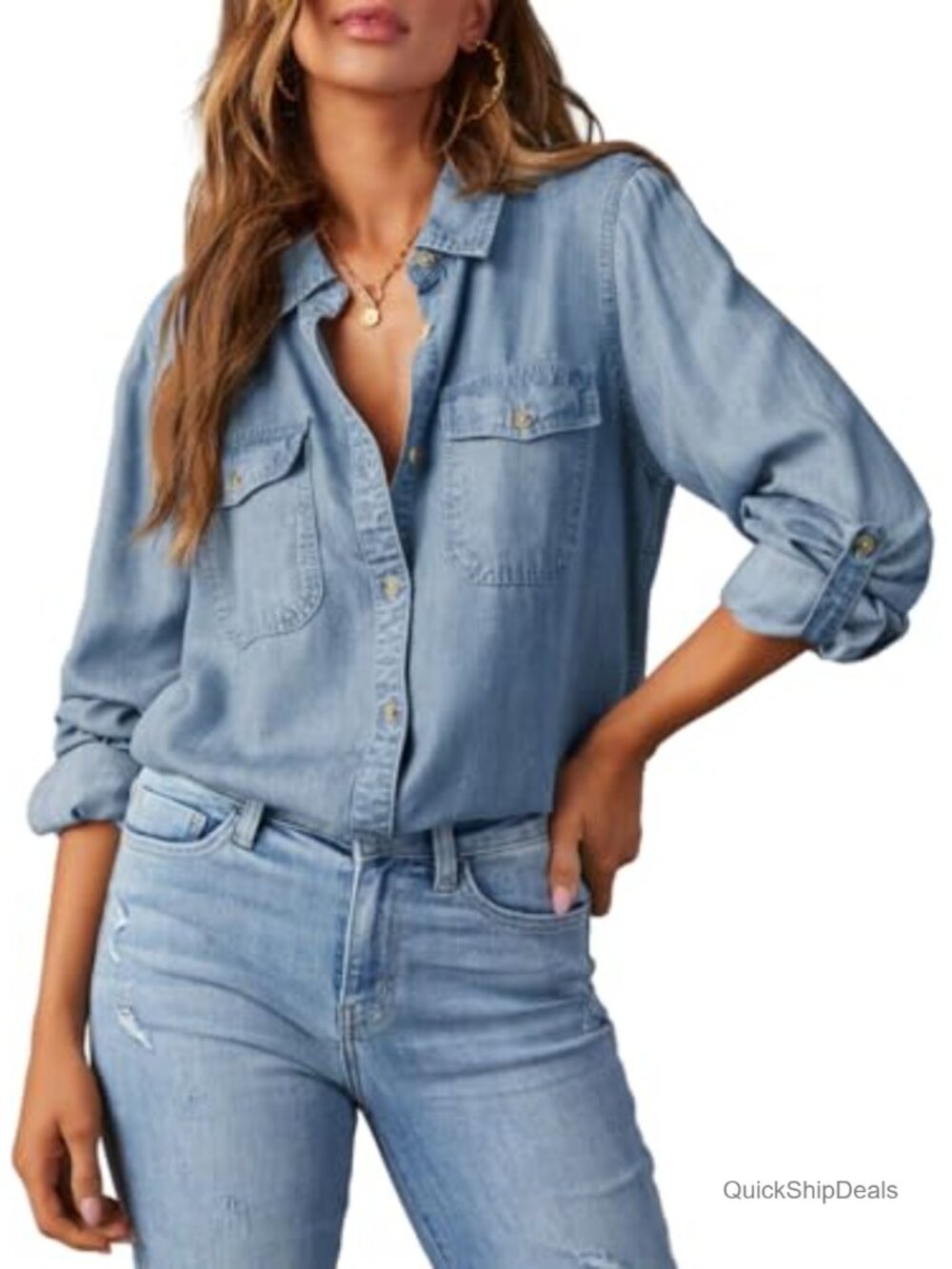 Women's Denim Button Down Shirt Chambray Blouse Top Long Sleeve